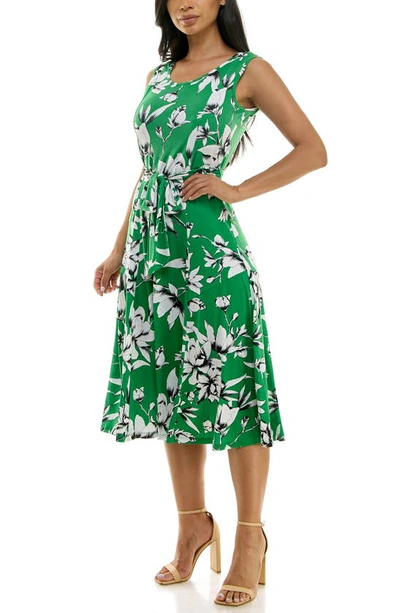 Nina Leonard Crewneck Sleeveless Midi Dress In True Green/ Ivory