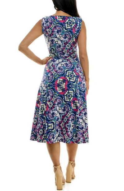 Nina Leonard Crewneck Sleeveless Midi Dress In Navy Pink Multi
