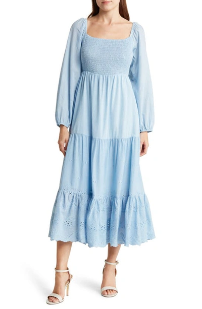 Shop Area Stars Eyelet Trim Long Sleeve Cotton Dress In Blue
