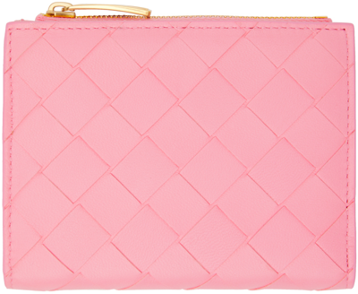 Shop Bottega Veneta Pink Small Intrecciato Bi-fold Zip Wallet In 5832 Ribbon Gold