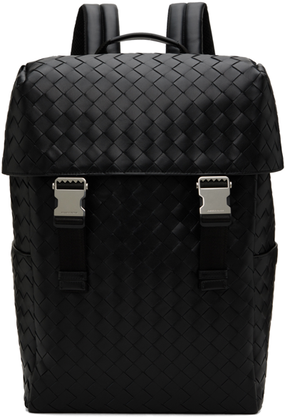 Shop Bottega Veneta Black Intrecciato Flap Backpack In 8803-black-silver