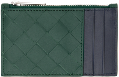Shop Bottega Veneta Green & Navy Intrecciato Zippered Card Holder In 3335 Emerald