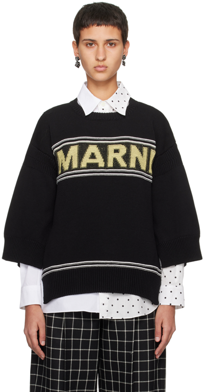 Marni Logo Intarsia Knitted Crewneck Jumper In 00n99 Black