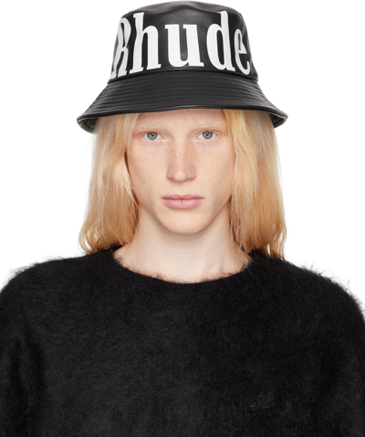 Shop Rhude Black Logo Leather Bucket Hat