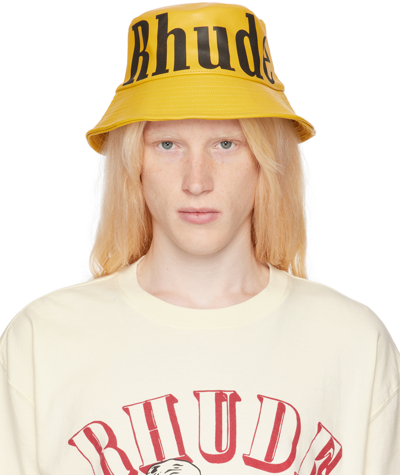 Shop Rhude Yellow Logo Leather Bucket Hat In Mustard