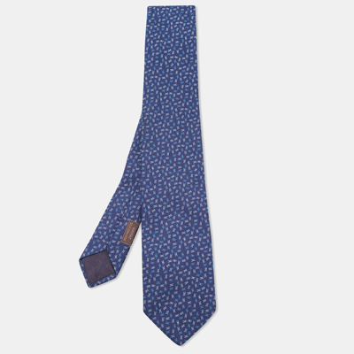 Pre-owned Hermes Navy Blue All-over Patterned Silk Tie