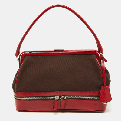 Pre-owned Prada Red/brown Canvas And Leather Frame Doctor's Bag