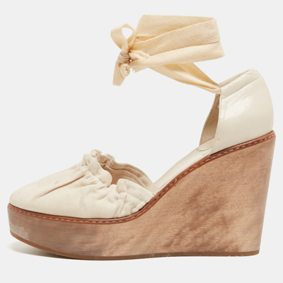 Pre-owned Chloé Cream Leather And Canvas Wedge Platform Ankle Tie Pumps Size 41