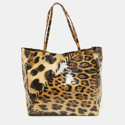 Pre-owned Roberto Cavalli Beige/black Leopard Print Coated Canvas Snap Tote