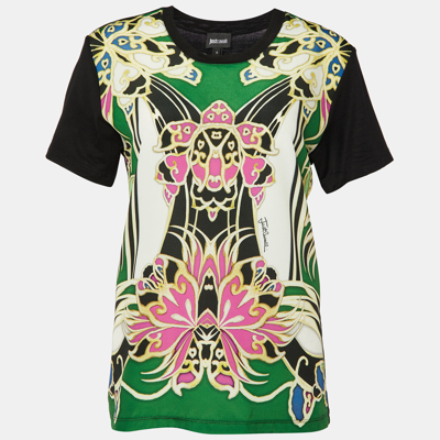 Pre-owned Roberto Cavalli Multicolor Printed Polyester & Cotton Knit T-shirt S In Black