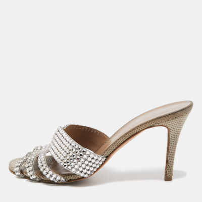 Pre-owned Gina Silver Crystal Embellished Leather Slide Sandals Size 37.5