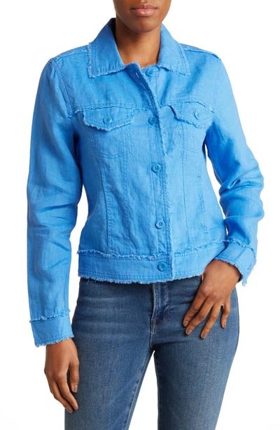 Shop Elie Elie Tahari Fringe Trim Linen Shirt Jacket In Blue