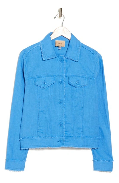 Shop Elie Elie Tahari Fringe Trim Linen Shirt Jacket In Blue