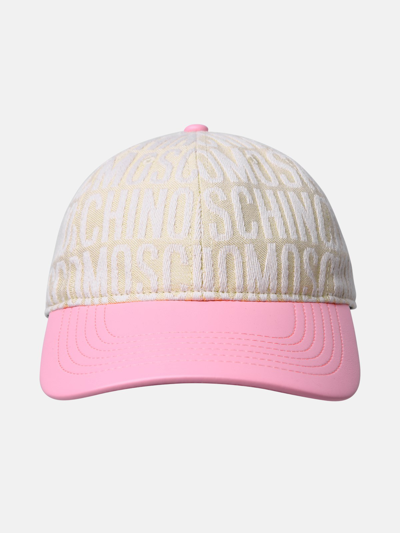 Shop Moschino Logo Hat In Ivory Cotton Blend