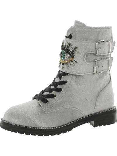 Shop Kurt Geiger Sutton Eye Womens Velvet Embellished Ankle Boots In Silver