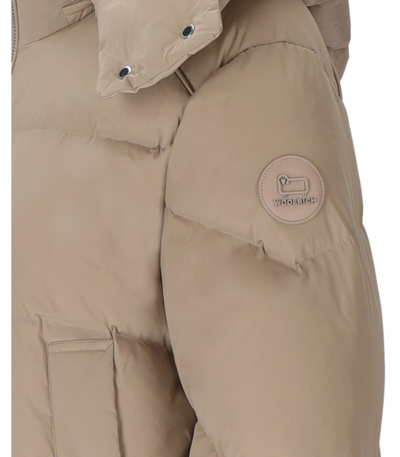 Shop Woolrich Alsea Taupe Short Hooded Down Jacket In Brown