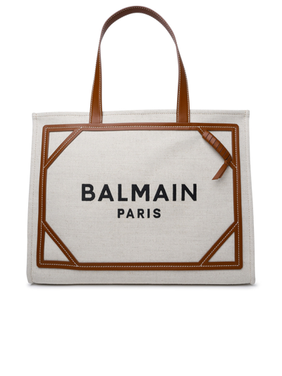 Shop Balmain Woman 'b-army 42' Brown Leather And Fabric Bag In Cream