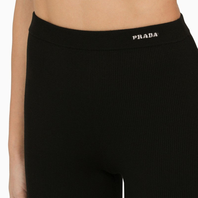 Shop Prada Black Ribbed Leggings With Logo Women In Brown