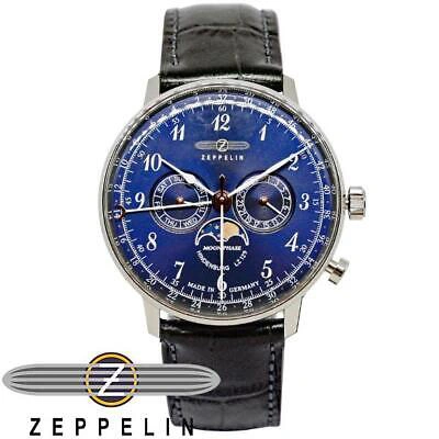 Pre-owned Zeppelin Watch 70363 Men's Blue Navy Analog Round Face Hindenburg Moon Phase