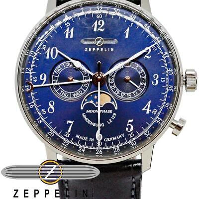 Pre-owned Zeppelin Watch 70363 Men's Blue Navy Analog Round Face Hindenburg Moon Phase