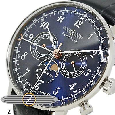 Pre-owned Zeppelin Watch 70363 Men's Blue Navy Analog Round Face Hindenburg Moon Phase