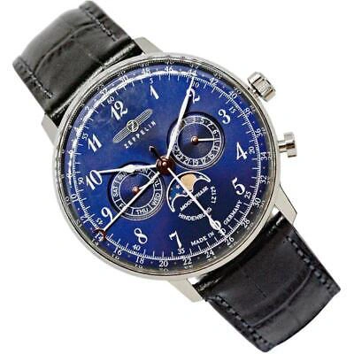 Pre-owned Zeppelin Watch 70363 Men's Blue Navy Analog Round Face Hindenburg Moon Phase