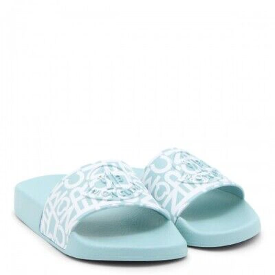 Pre-owned Moncler Womens Jeanne Logo Pattern Rubber Sole Blue Slides Sandals Shoes Sz