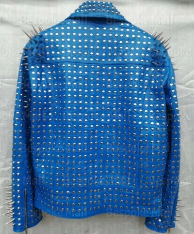 Pre-owned Handmade Men's Punk Blue Silver Long Spiked Studded Brando Biker Leather Jacket-839