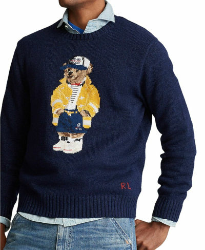 Pre-owned Polo Ralph Lauren Navy Cotton Linen Cp-93 Sailing Nautical Bear Sweater $398 In Blue