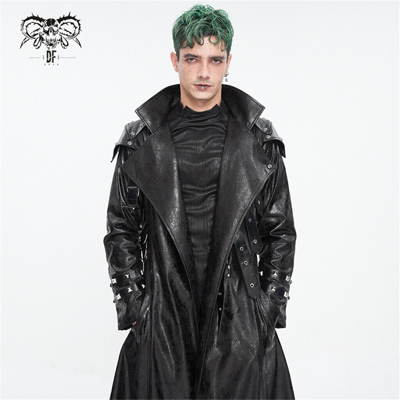 Pre-owned Devil Fashion Men Gothic Punk Leather Studded Multi-buckle Belt Long Trench Coat In Black