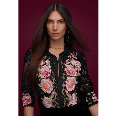 Pre-owned Johnny Was Veronne Lace Blouse (slip) Long Sleeve Embroidery Black Top Shirt