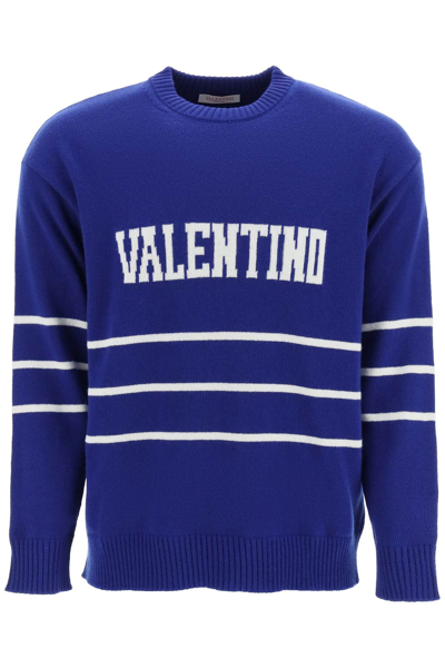 Shop Valentino Pullover With Jacquard Lettering Logo Men In Blue