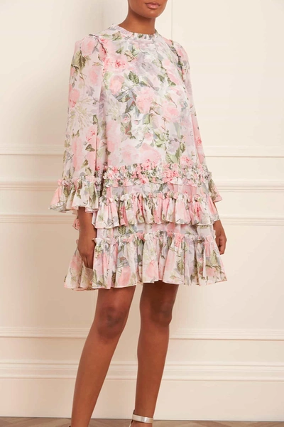 Shop Needle & Thread Rose Powder Chiffon Round Neck Mini Dress In Multi