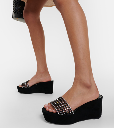René Caovilla Embellished Suede Platform Wedge Mules In Black