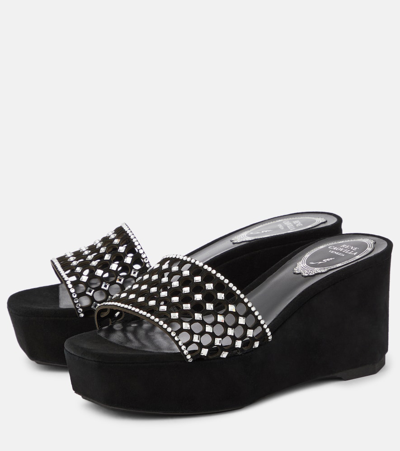 René Caovilla Embellished Suede Platform Wedge Mules In Black