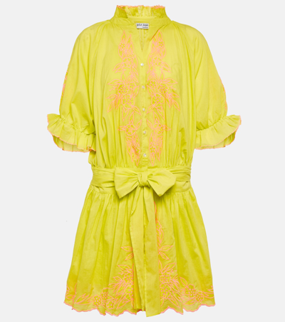 Shop Juliet Dunn Floral Embroidered Cotton Minidress In Yellow