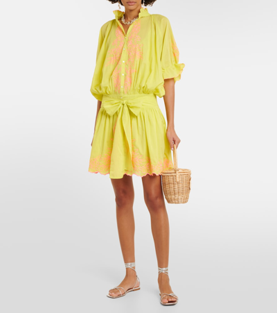 Shop Juliet Dunn Floral Embroidered Cotton Minidress In Yellow