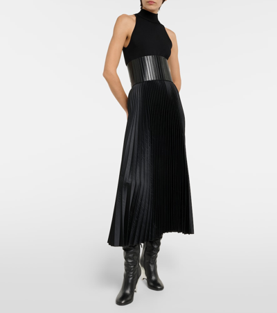 Shop Alaïa Pleated Croc-effect Satin Midi Skirt In Black