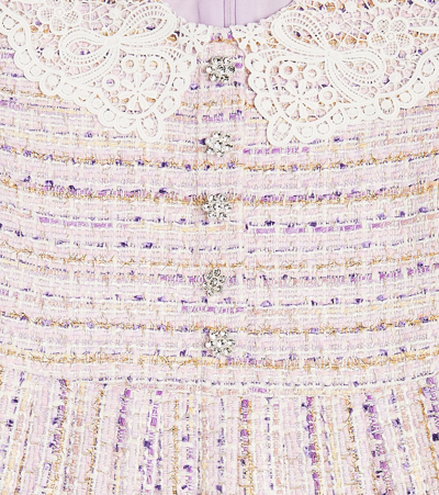 Shop Self-portrait Lace-trimmed Pleated Bouclé Dress In Purple