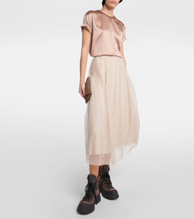 Brunello Cucinelli Silk-blend Satin T-shirt In Neutrals
