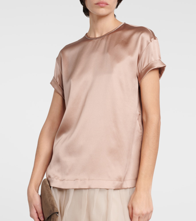 Brunello Cucinelli Silk-blend Satin T-shirt In Neutrals