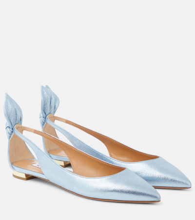 Shop Aquazzura Bow-detail Leather Ballet Flats In Blue