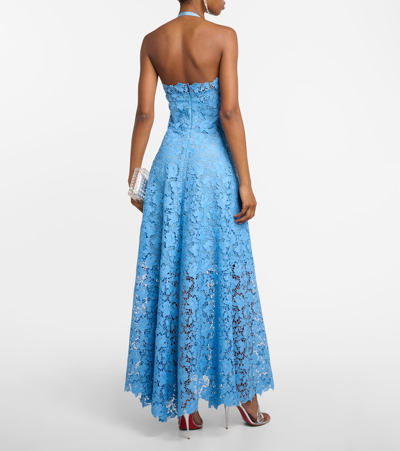 Shop Oscar De La Renta Floral-appliqué Guipure Lace Gown In Blue