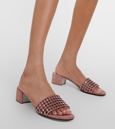 René Caovilla Embellished Suede Mules In Blush Suede/light Rose Strass