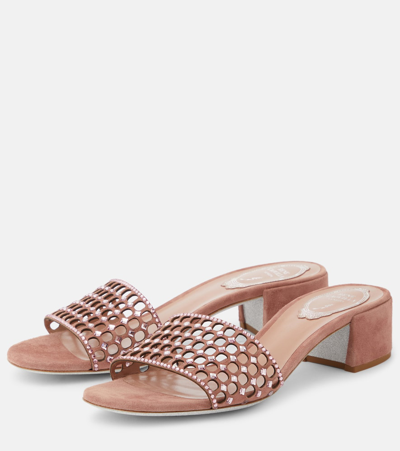 Shop René Caovilla Embellished Suede Mules In Blush Suede/light Rose Strass