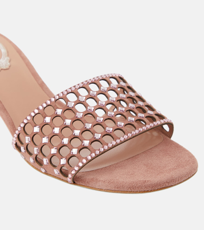 René Caovilla Embellished Suede Mules In Blush Suede/light Rose Strass