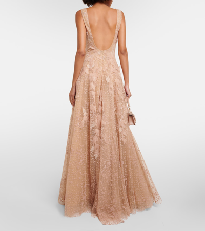 Shop Costarellos Appliqué Tulle Gown In Beige