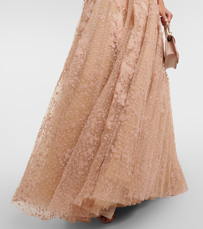 Costarellos Appliqué Tulle Gown In Beige