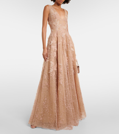 Costarellos Appliqué Tulle Gown In Beige