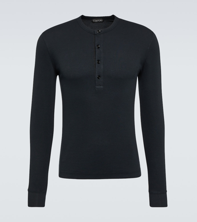 Shop Tom Ford Ribbed-knit Jersey Henley Shirt In Black